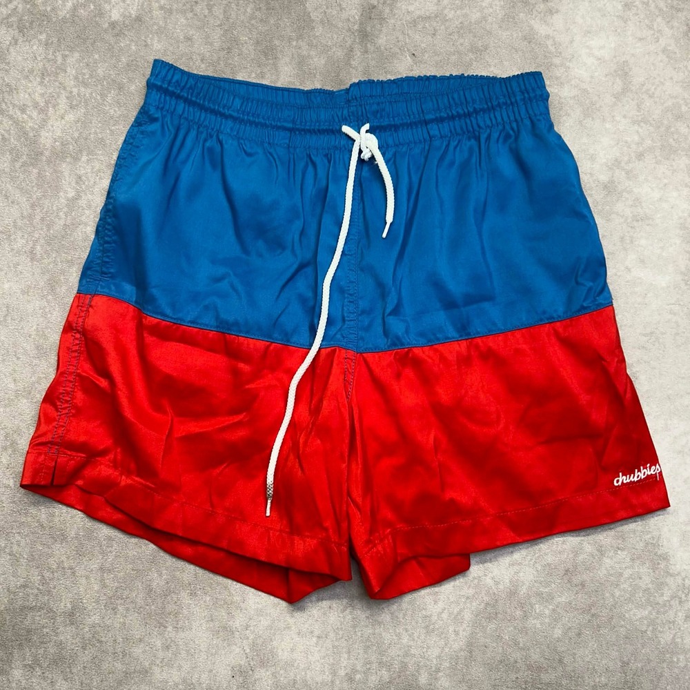 Chubbies Mens Size Large Blue Red Colorblock Swim Trunks USA Drawstring